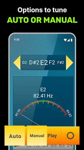 Auto and manual tuning modes interface with E2 note display, frequency dial, and tuning control buttons for guitar