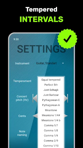 Temperament settings screen with tempered intervals options including equal tempered, Pythagorean, and meantone tuning