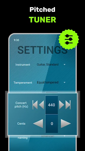 Pitched tuner settings showing concert pitch adjustment at 440 Hz with cents fine-tuning controls for precise tuning