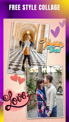 Free style collage editor with decorative hearts, love text, and romantic photo arrangement features