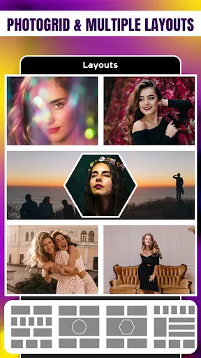 Photo grid multiple layouts screen showing various template arrangements for creating photo collages
