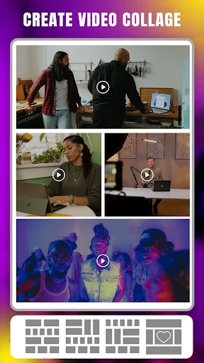 Video collage creation tool showing workspace footage in grid layout with play controls and templates