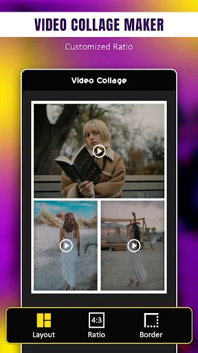 Video collage maker interface with customized ratio, layout options, and multi-video grid arrangement tools