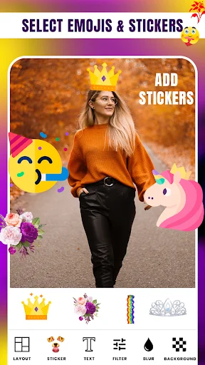 Select emojis and stickers panel with photo editing tools including crown, unicorn, and various decorative elements