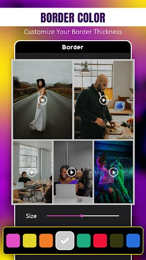 Border color customization with thickness slider and color palette for photo collage frame editing