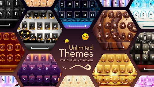 My Photo Keyboard app showing unlimited custom keyboard themes with various designs including neon, chocolate, emoji, and gold styles
