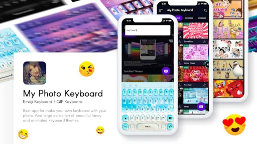 My Photo Keyboard app interface displaying customizable photo keyboards, emoji options, and fancy animated theme collection