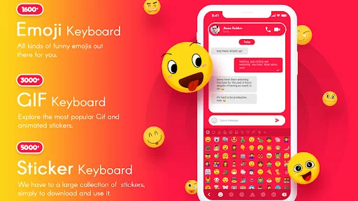 Emoji, GIF, and Sticker Keyboard features in My Photo Keyboard app with messaging interface and colorful emoji selection panel