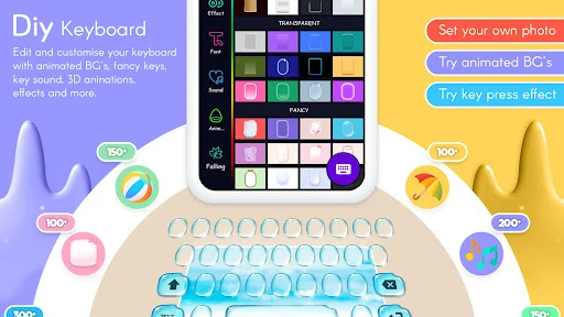 DIY Keyboard customization screen with color palettes, animated backgrounds, photo upload, and transparent keyboard options