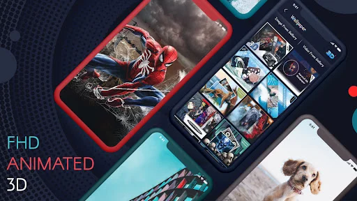 FHD animated 3D keyboard themes showcasing high-quality wallpapers including Spiderman and photo backgrounds