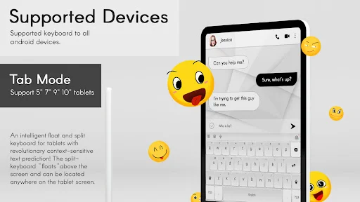 Supported Devices screen showing tablet mode compatibility and split keyboard layout for 5-10 inch tablets