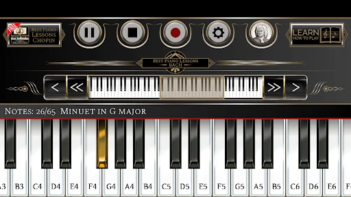 Bach piano learning interface displaying Minuet in G Major with highlighted keys and note indicators on virtual keyboard