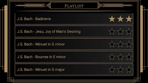 Bach compositions playlist screen featuring Badinerie, Jesu Joy of Man's Desiring, and minuets with star ratings