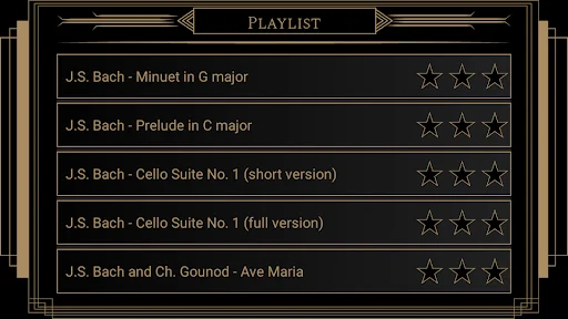 Piano Lessons Bach playlist showing advanced pieces including Cello Suite and Ave Maria with difficulty ratings