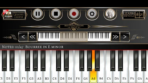 Virtual piano interface for Bach's Bourree in E Minor with highlighted finger positions and note progression