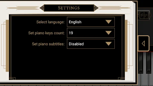 Piano app settings menu with language selection, piano key count options, and subtitle preferences for Bach lessons