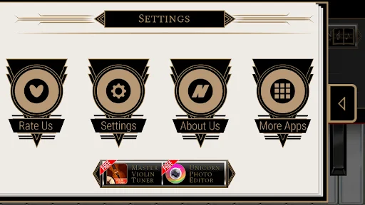 Bach piano app main menu with Rate Us, Settings, About Us buttons and additional music app recommendations