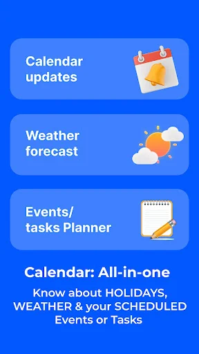 Calendar app features overview: calendar updates, weather forecast, and events/tasks planner with productivity icons