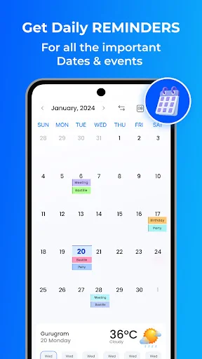 Daily reminders calendar view showing January 2024 with scheduled events, holidays, and 36Β°C weather display