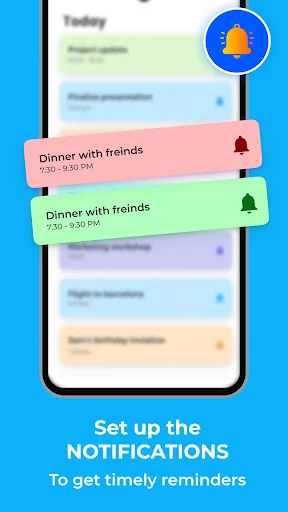 Event notifications setup screen with dinner reminders and notification bell for timely calendar alerts