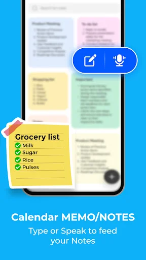 Calendar memo notes feature with grocery list, voice input, and text options for productive task management
