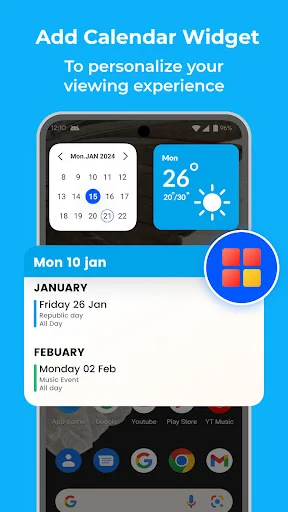 Calendar widget customization screen showing weather widget and monthly view for personalized home screen