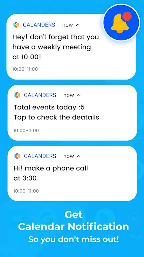 Calendar notification examples showing weekly meeting, daily events count, and phone call reminders