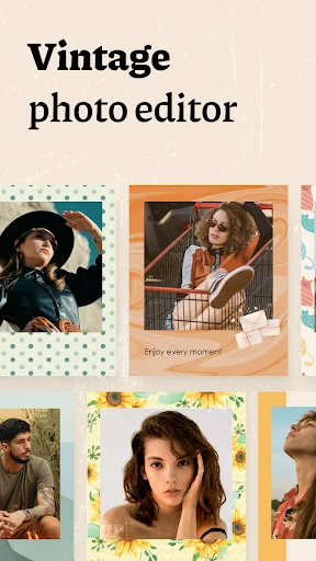 Vintage Retro Photo Editor app showcase featuring vintage-styled photo frames with portraits and aesthetic filters
