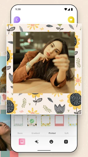 Photo editing interface showing vintage frame selection with floral border patterns and editing tools for retro effects