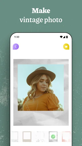 Vintage photo editor workspace displaying portrait with retro filter options and frame customization tools