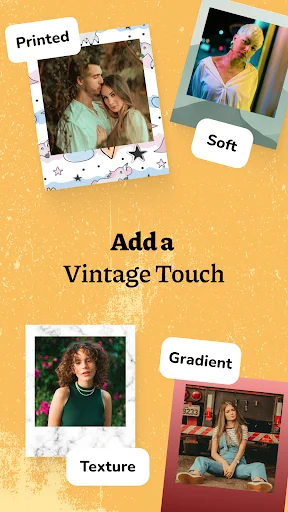Add Vintage Touch feature showing printed, soft, gradient and texture filter options for retro photo styling