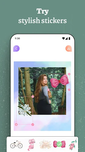 Stylish stickers interface with decorative elements like bows and flowers for vintage photo enhancement