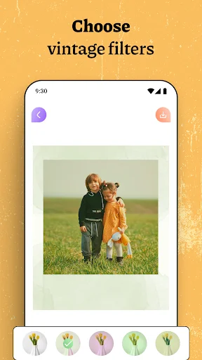 Vintage filter selection screen showing nature photo with various retro color filter options for photo editing
