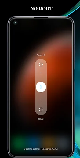 Power off menu app NO ROOT mode showing power off, home, and reboot buttons with upcoming alarm notification
