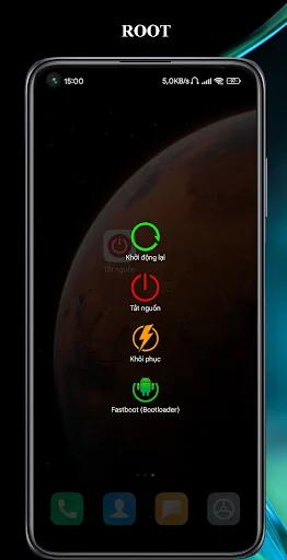 Power off menu app ROOT mode displaying advanced power options: ROI dang bi, Tai nguon, Khoi phuc, and Fastboot buttons