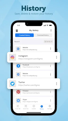 goQR Code Scanner History screen showing saved QR codes from Instagram, Facebook, Twitter, Pinterest & Skype with timestamps