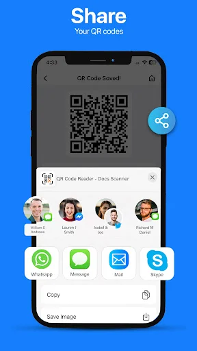 goQR Share screen showing generated QR code with contacts list and sharing options via WhatsApp, Messages, Mail & Skype