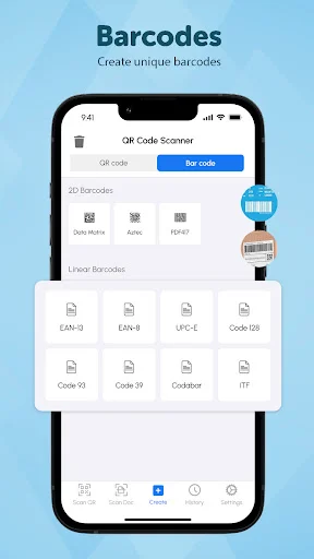 goQR Barcode Creator screen displaying linear barcode types: EAN-13, EAN-8, UPC-E, Code128, Code 93, Code 39, and Codabar