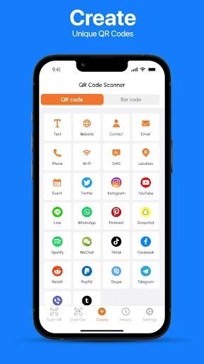 goQR Code Creator showing social media icons for Text, Website, Phone, WiFi, SMS, Email, Event, Instagram, YouTube & more