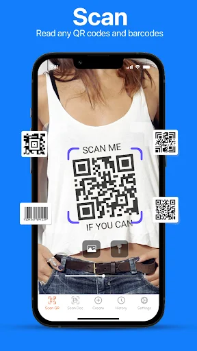 goQR Scanner camera view scanning QR codes on clothing with purple scan frame overlay and 'SCAN ME' prompt for code reading