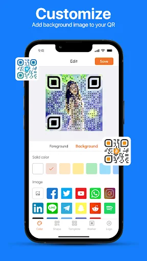 goQR Customizer editing QR code with colorful background image, solid color options, and social media sharing icons below