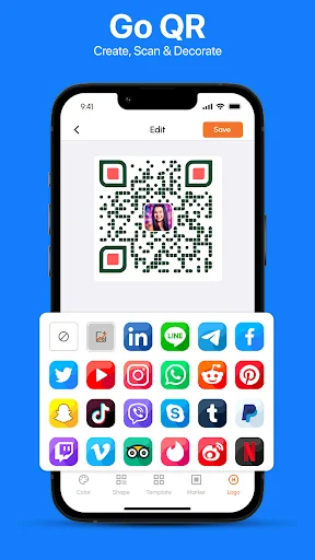 goQR Code editor with decorative QR code featuring colored corners and social media app icons for sharing and templates