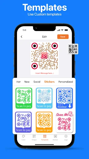 goQR Templates gallery showing custom QR code designs with Instagram theme, categorized as Hot, New, Social, Stickers