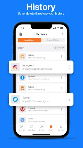 goQR History tab displaying Created History with recent scans from websites, Instagram, Facebook, Twitter, Pinterest & Skype
