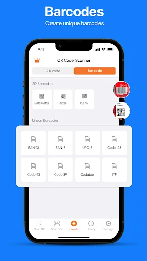 goQR Barcode section with QR code and bar code tabs, showing linear barcode formats EAN-13, EAN-8, UPC-E, Code128 options