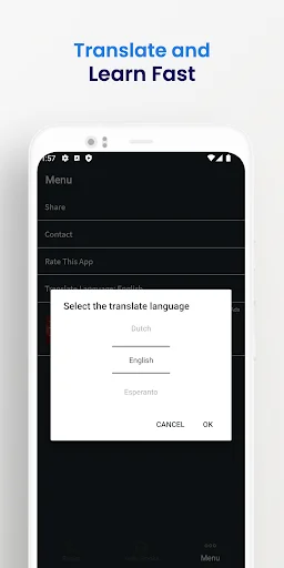 Translate and Learn Fast feature in Chinese learning app with language selection menu showing English translation option