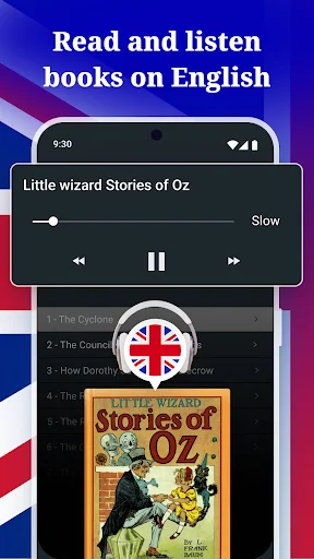 English Reading & Audiobooks app showing Little Wizard Stories of Oz audiobook player with pause controls and UK flag
