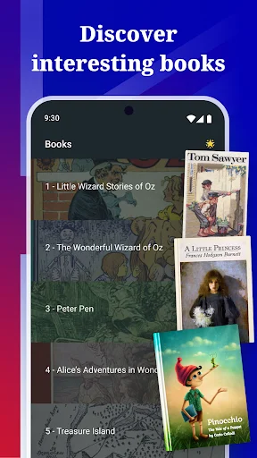 Book discovery screen displaying classic titles like Tom Sawyer, Peter Pan, and Alice's Adventures in library collection