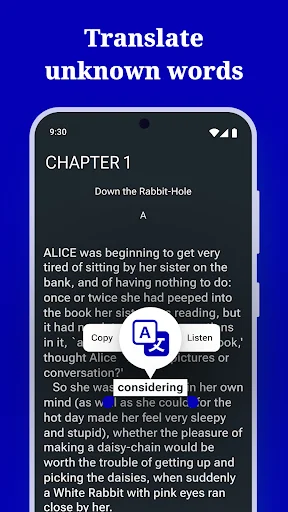 Reading interface with word translation feature highlighting text in Alice in Wonderland chapter for English learners