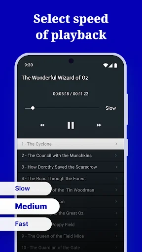 Audio playback speed selector offering slow, medium, and fast options for The Wonderful Wizard of Oz audiobook